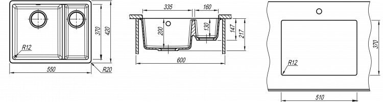 Florentina Вега 335/160 серый шелк мойка с подстольным монтажом