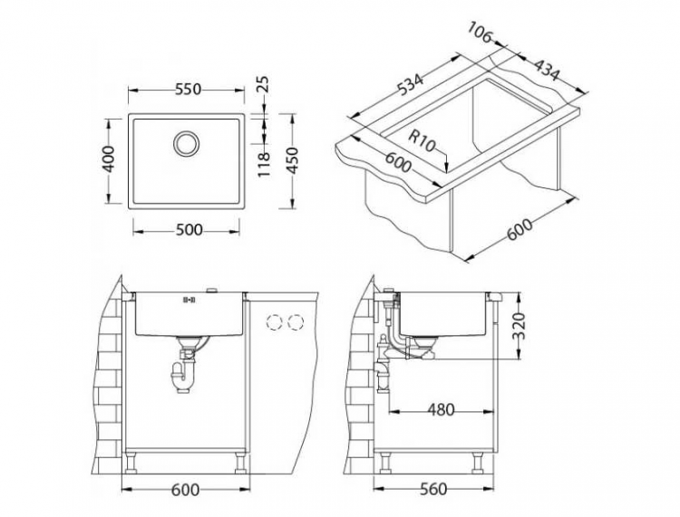 Alveus QUADRIX MONARCH 50 BRONZE 550X450X200 кухонная мойка