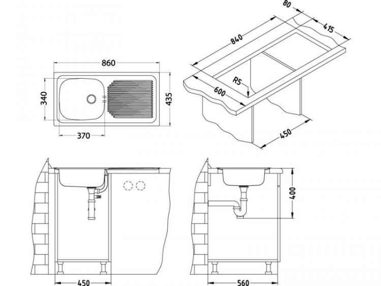 Alveus BASIC 60 NAT-60 860X435 1X кухонная мойка
