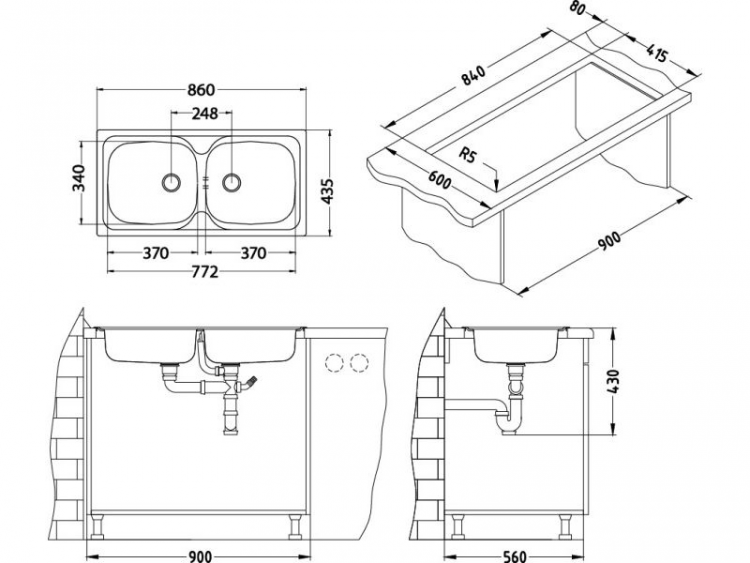 Alveus BASIC 70 NAT-90 860X435 2X1071240 кухонная мойка