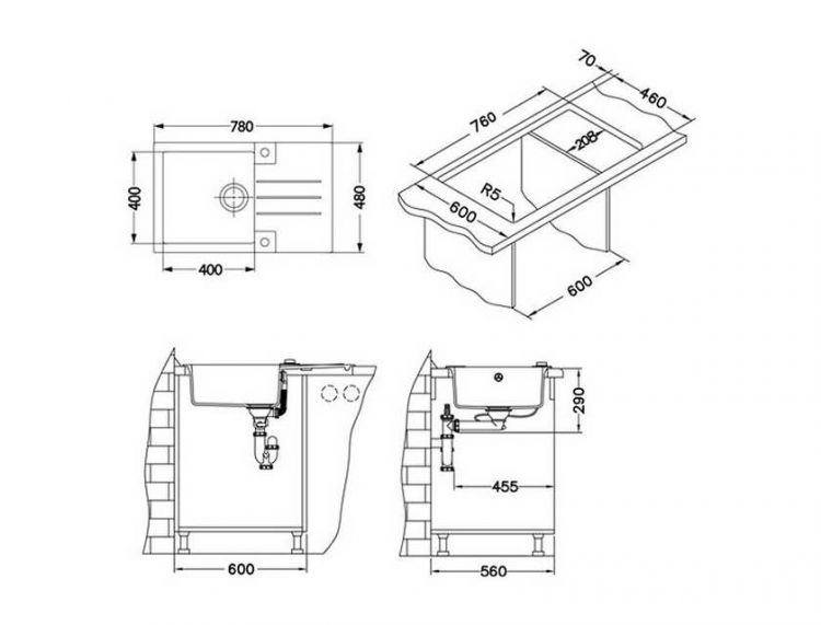 Alveus ROCK 130 GRANITAL ARCTIC-G11 780x480x180 1x кухонная мойка