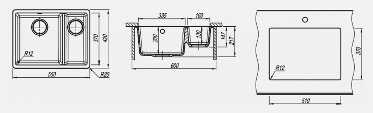 Florentina Вега 335/160 антрацит мойка с подстольным монтажом