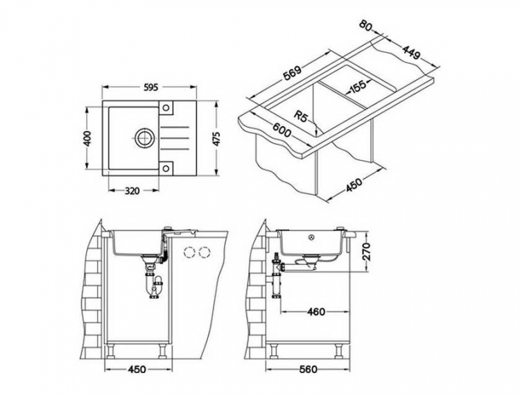 Alveus ROCK 30 GRANITAL CONCRETE-G81 595x475x160 1x кухонная мойка