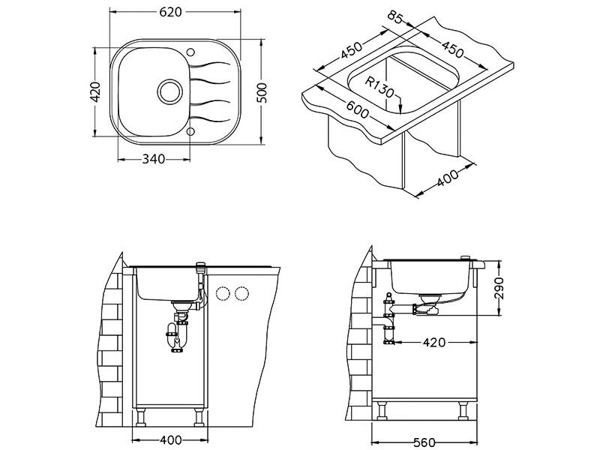 Alveus WAVE 10 черный 620X5001X кухонная мойка