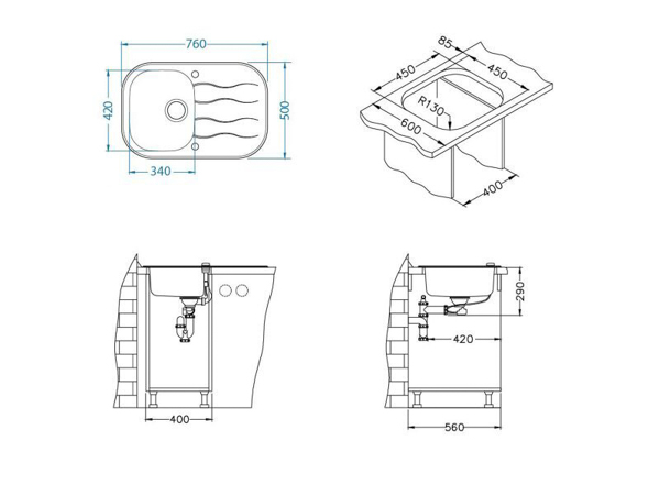 Alveus WAVE 20 черный 760X5001X кухонная мойка
