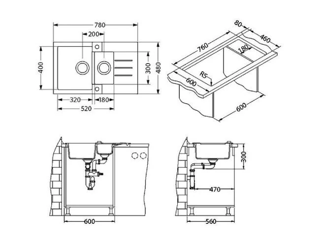 Alveus ROCK 70 GRANITAL CARBON-G91 780x480x180 1+1/2 кухонная мойка