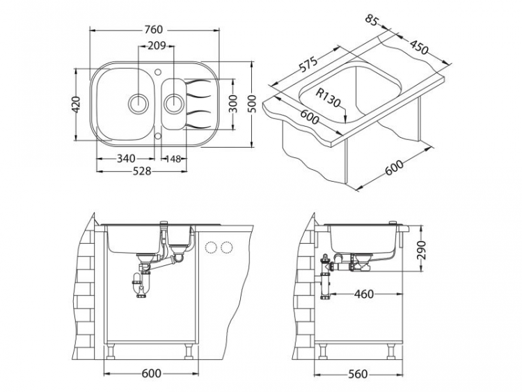 Alveus WAVE 30 черный 760X5001+1/2 кухонная мойка