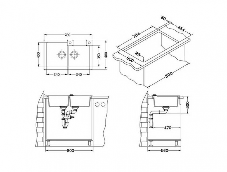 Alveus ROCK 90 GRANITAL CONCRETE-G81 780x480x180 2x кухонная мойка