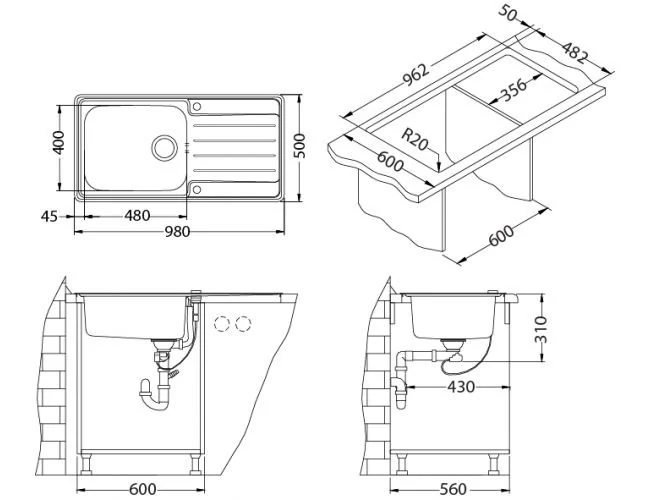 Alveus PRAKTIK 100 SAT-90 980X500 1X кухонная мойка
