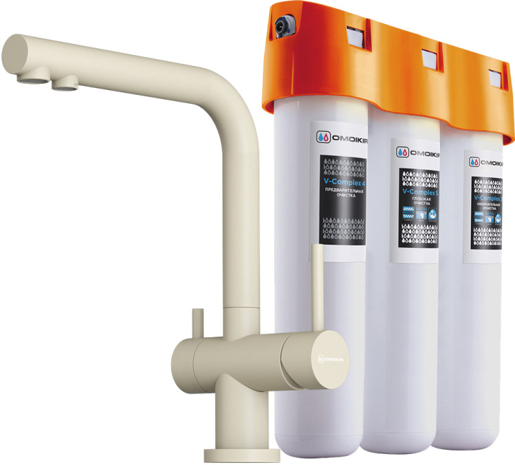 Omoikiri Nagano-BE-P ваниль/гранит комплект смеситель + фильтр Pure drop Lite