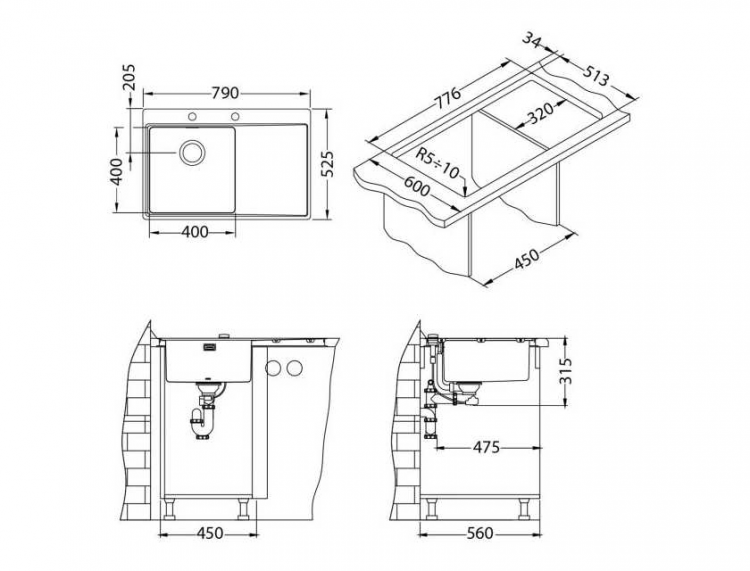 Alveus PURE 40R KMB 90 790X5251X правая в ком. кухонная мойка