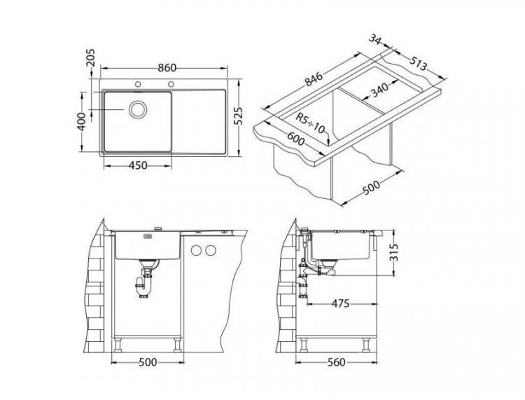 Alveus PURE 50R KMB-90 860X5251X правая кухонная мойка